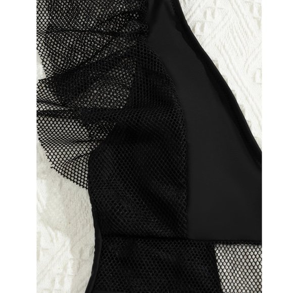 *Shein Black Contrast Mesh Ruffle One Piece Swimsuit - Picture 6 of 12